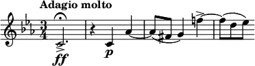 
\relative c' {
  \tempo "Adagio molto"
  \key c \minor
  \time 3/4
  c2. \ff->\fermata | r4 c\p as'~ | as8 (fis g4) f'!~-> | f8 [(d es)]
}
