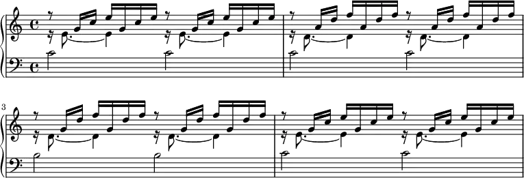 
{
      <<
      \new PianoStaff <<
        \new Staff <<
           \clef treble \key c \major \time 4/4
           \new Voice \relative c'' {
                \voiceOne r8 g16 c e g, c e r8 g,16 c e g, c e 
                r8 a,16 d f a, d f r8 a,16 d f a, d f
                r8 g,16 d' f g, d' f r8 g,16 d' f g, d' f
                r8 g,16 c e g, c e r8 g,16 c e g, c e 
                }
           \new Voice \relative c' {
                \voiceTwo r16 e8._~ e4 r16 e8._~ e4
                r16 d8._~ d4 r16 d8._~ d4
                r16 d8._~ d4 r16 d8._~ d4
                r16 e8._~ e4 r16 e8._~ e4
                }
  >>
        \new Staff <<
           \clef bass \key c \major \time 4/4
           \new Voice \relative c' {
                c2 c c c b b c c
                }
  >>>>
>>  }
