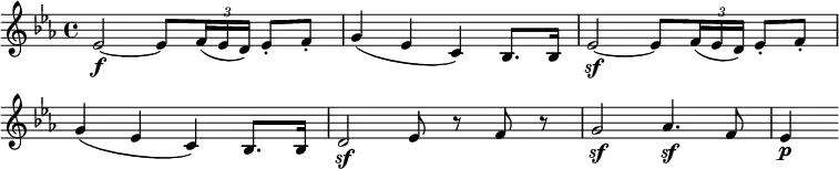\relative c' {
\override TupletBracket #'stencil = ##f
\override Score.BarNumber #'stencil = ##f
\key es \major
es2~\f es8 \times 2/3 { f16( es d) } es8-. f-. |
g4( es c) bes8. bes16 |
es2~\sf es8 \times 2/3 { f16( es d) } es8-. f-. |
g4( es c) bes8. bes16 |
d2\sf es8 r f r |
g2\sf as4.\sf f8 |
es4\p
}