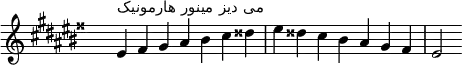 \relative c' { 
  \clef treble \key eis \minor \time 7/4 \hide Staff.TimeSignature eis4^\markup "می دیز مینور هارمونیک" fisis gis ais bis cis disis eis disis cis bis ais gis fisis eis2
}
